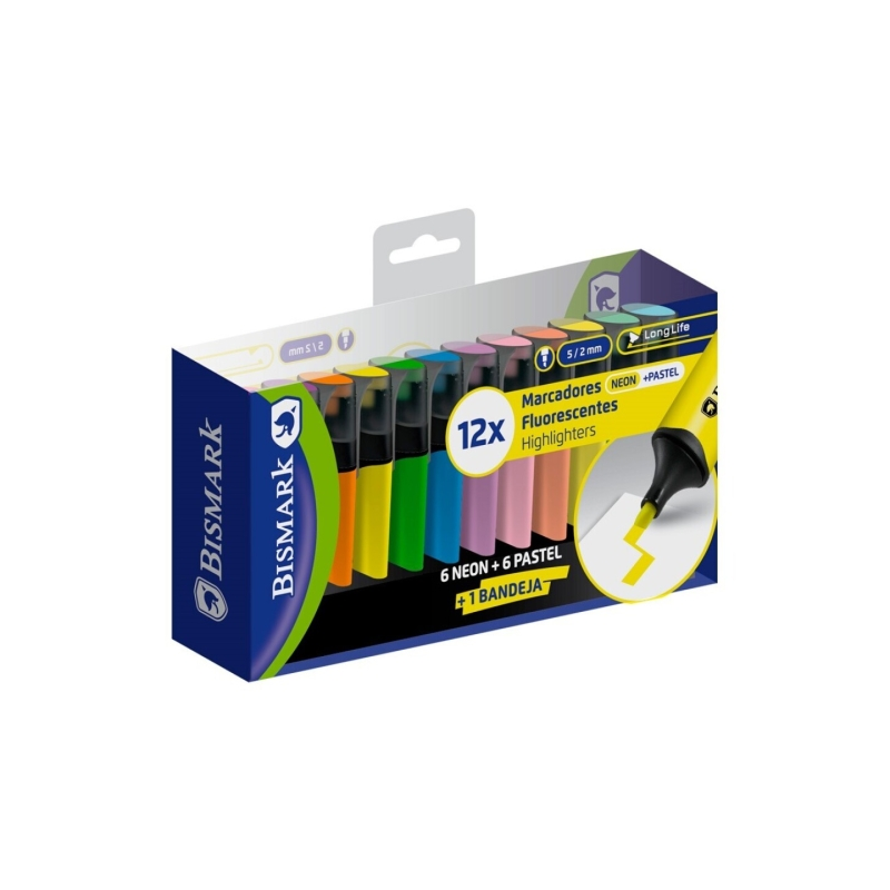 Lot de 12 marqueurs fluorescents Bismark - Pointe biseautée 2 - 5 mm environ - Encre à base d'eau - Longue durée - Couleurs