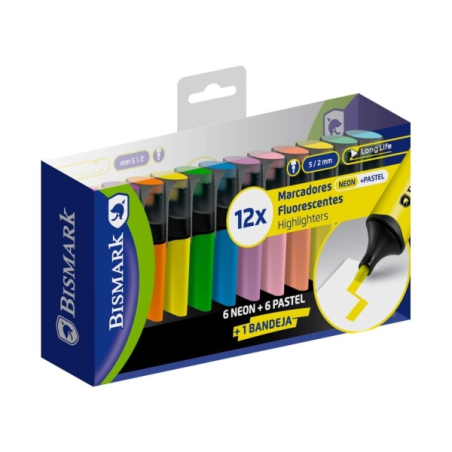 Lot de 12 marqueurs fluorescents Bismark - Pointe biseautée 2 - 5 mm environ - Encre à base d'eau - Longue durée - Couleurs