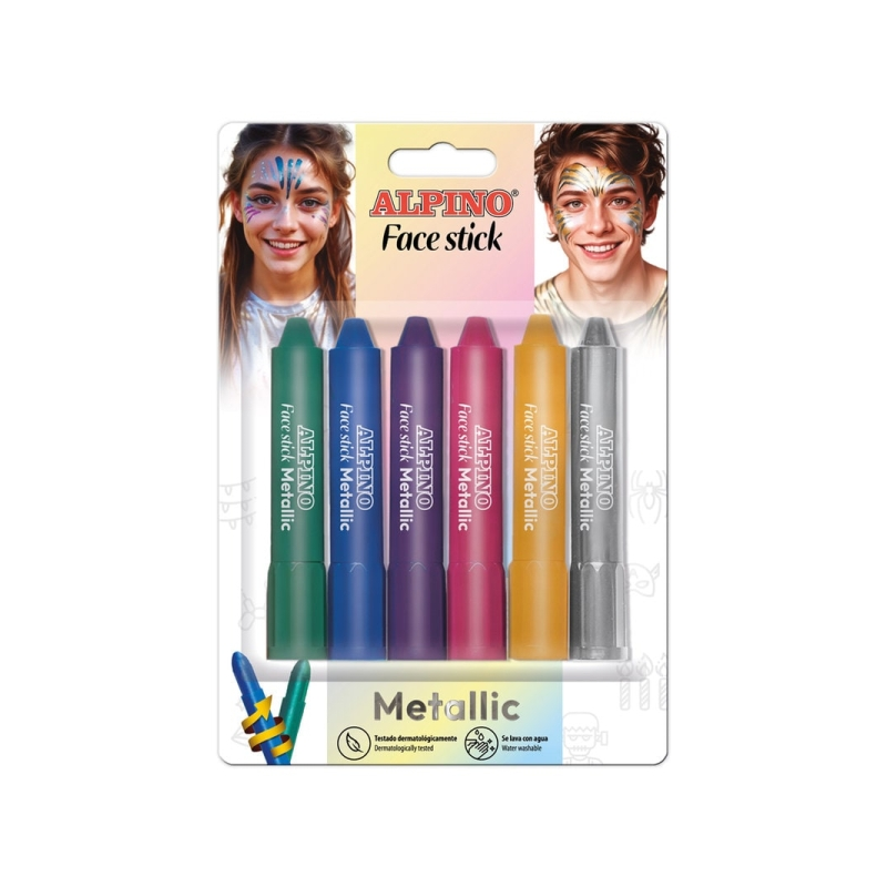 Lot de 6 bâtons de maquillage métallisés Alpino Fiesta Face Stick - Système rétractable à visser - Se rince à l'eau - Testé