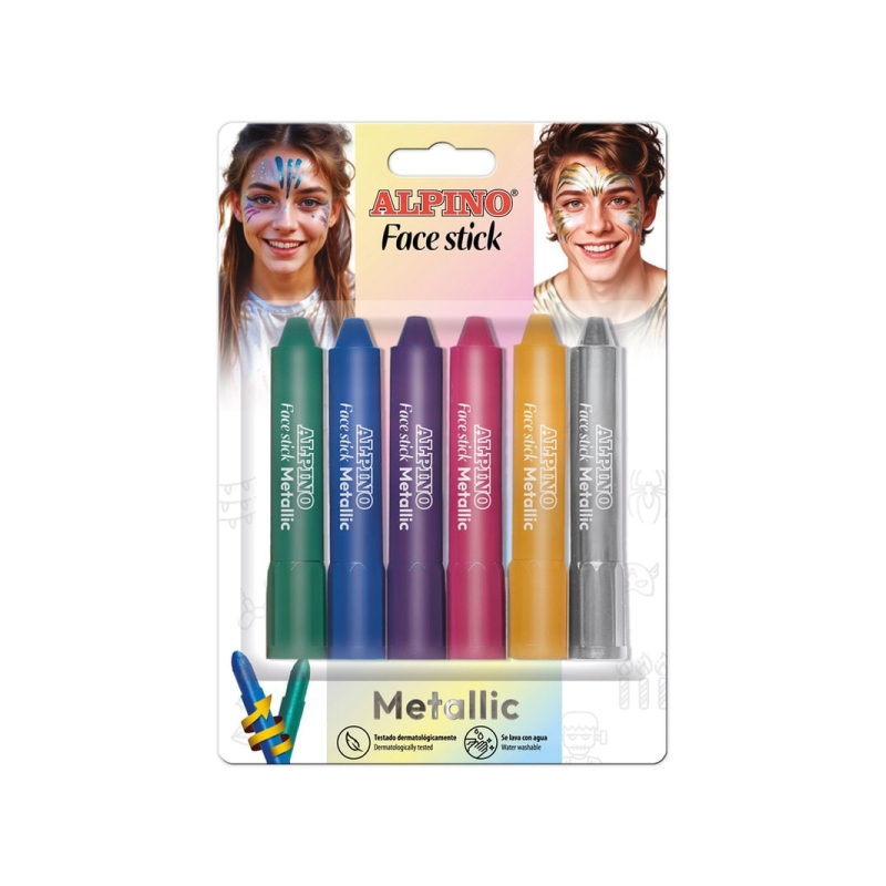 Lot de 6 bâtons de maquillage métallisés Alpino Fiesta Face Stick - Système rétractable à visser - Se rince à l'eau - Testé