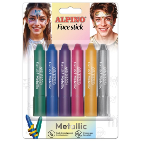 Lot de 6 bâtons de maquillage métallisés Alpino Fiesta Face Stick - Système rétractable à visser - Se rince à l'eau - Testé