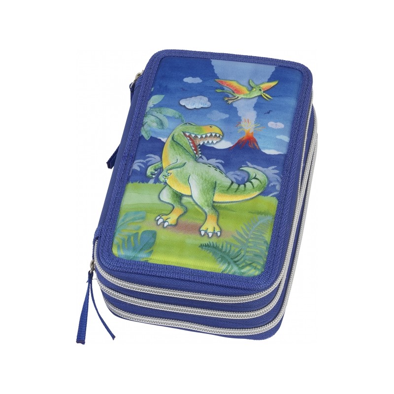 Faber-Castell Trousse à crayons à 3 niveaux motif dinosaure avec contenu standard : gomme, taille-crayon, crayon graphite HB, 2