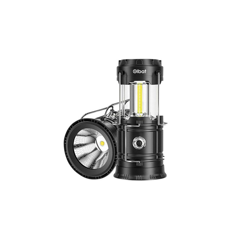 Lanterne de camping LED 2-en-1 Elbat EB0564, 280 lm, blanc froid 6500 K, crochet supérieur, fonctionne avec des piles AAA, noire