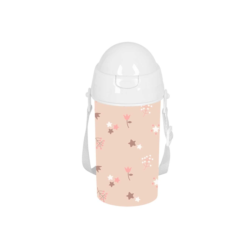 Bouteille Safta Flowers 500 ml - PVC sans BPA - Paille intégrée - 73 x 73 x 195 mm - Rose pastel