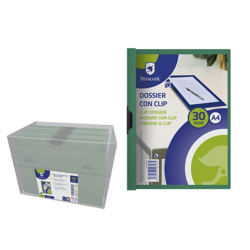 LOT de 5 Dossier Bismark avec Clip Métallique - Polypropylène Transparent - Capacité 30 Feuilles A4 - Couleur Vert