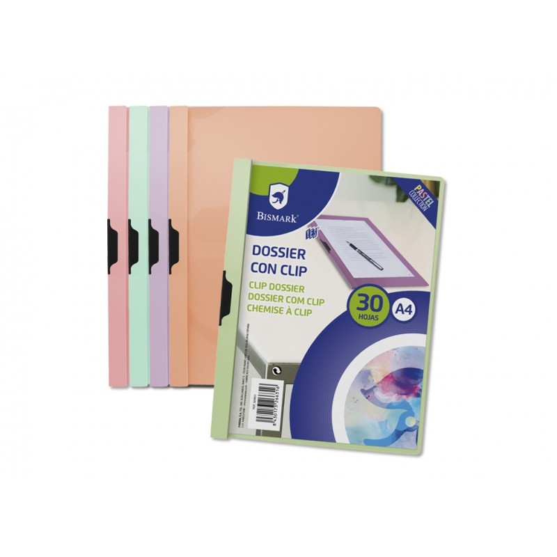 LOT de 5 Dossier Pastel Bismark avec Clip A4 - Polypropylène Transparent - Clip Métallique Latéral - Capacité 30 Feuilles