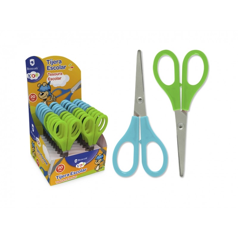 LOT de 20 Présentoir Bismark Kids de 20 ciseaux d'école - Poignées en plastique - Pointe émoussée - Couleurs assorties