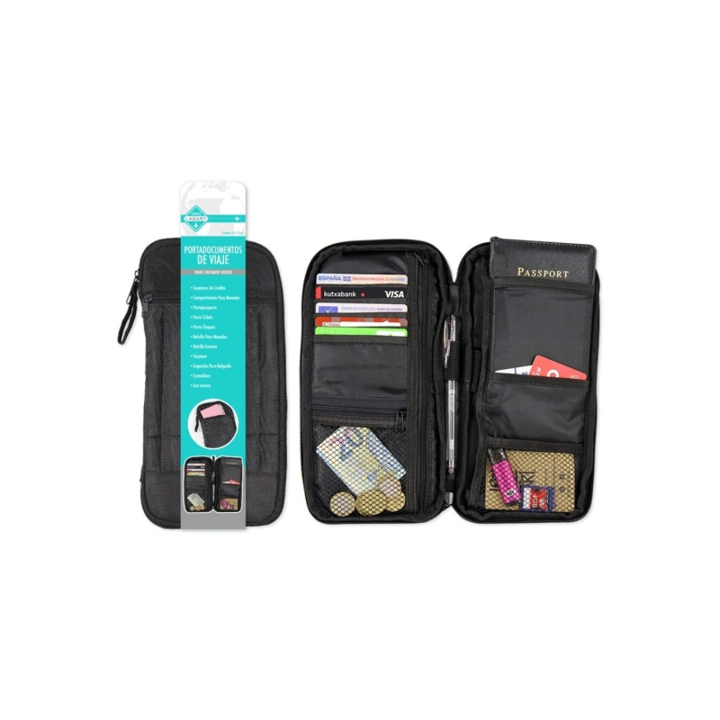 Porte-documents de voyage Lagart - Compartiments pour cartes, pièces de monnaie, passeport, billets, etc. Noir