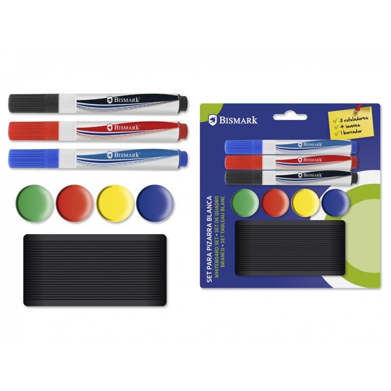 Marqueurs tableau blanc avec aimants et gomme Bismark