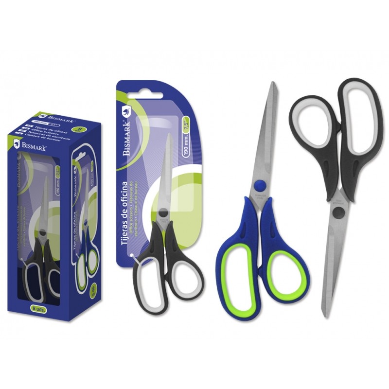 LOT de 8 Ciseaux de bureau Bismark en acier inoxydable - Poignée ergonomique - Très légers et résistants - Couleurs assorties