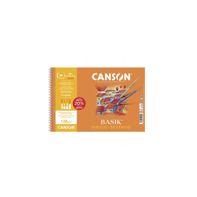 Canson Basik Bloc à Dessin Spirale 20 Feuilles A4+ 130g - Sans Cadre - Dimensions 23x32,5cm - Couleur Blanc