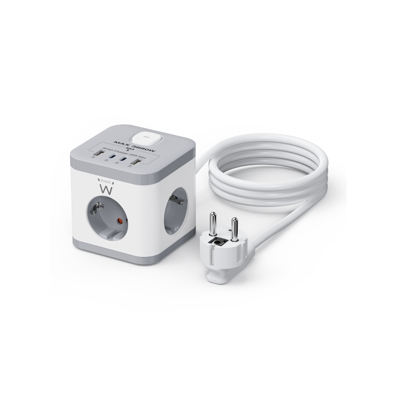 Multiprise Ewent avec 6 prises de bureau - 3 prises Schuko 16 A - 2 prises USB-A - 2 prises USB-C - Protection enfant
