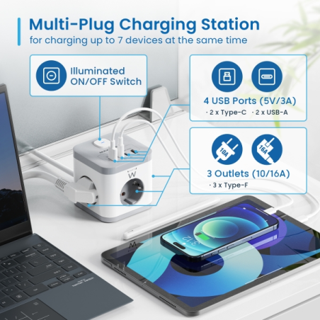 Multiprise Ewent avec 6 prises de bureau - 3 prises Schuko 16 A - 2 prises USB-A - 2 prises USB-C - Protection enfant