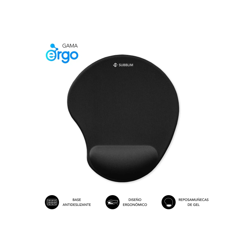 Tapis de souris ergonomique Subblim Ergo Neogel - Mousse résistante - Microtexturée imperméable - Base antidérapante - Noir