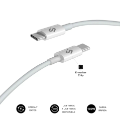 Câble Subblim Plus USB-C - 100 W - Nylon tressé - 480 Mbps - Puce E-Marker - 2 mètres - Blanc