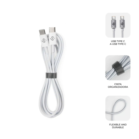 Câble Subblim Plus USB-C - 100 W - Nylon tressé - 480 Mbps - Puce E-Marker - 2 mètres - Blanc