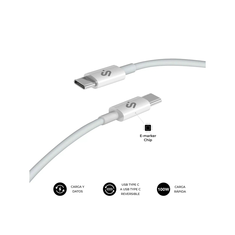 Câble Subblim Plus USB-C - 100 W - Nylon tressé - 480 Mbps - Puce E-Marker - 1 mètre - Blanc