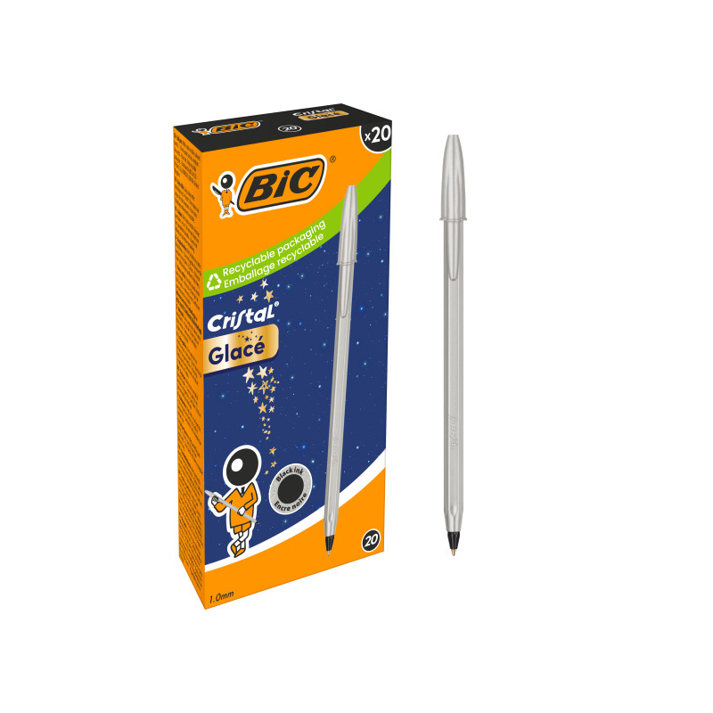 LOT de 20 Stylo bille Bic Cristal Glace - Corps opaque argent mat - Pointe ronde 1 mm - Largeur de trait 0,4 mm - Encre à base
