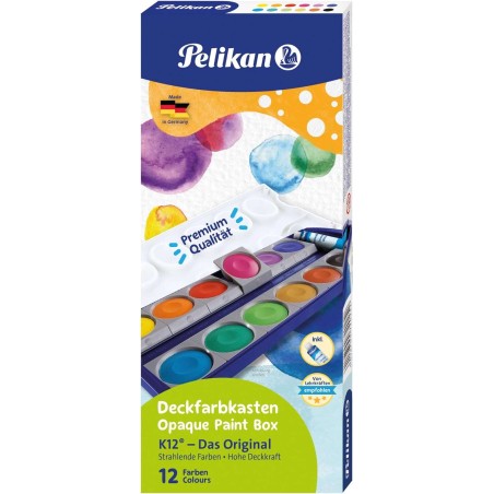Pelikan Aquarelles Opaques 735/K12 Boîte 12 Puits + 1 Tube Blanc - Couleurs Intenses et Faciles à Diluer - Résistantes à la