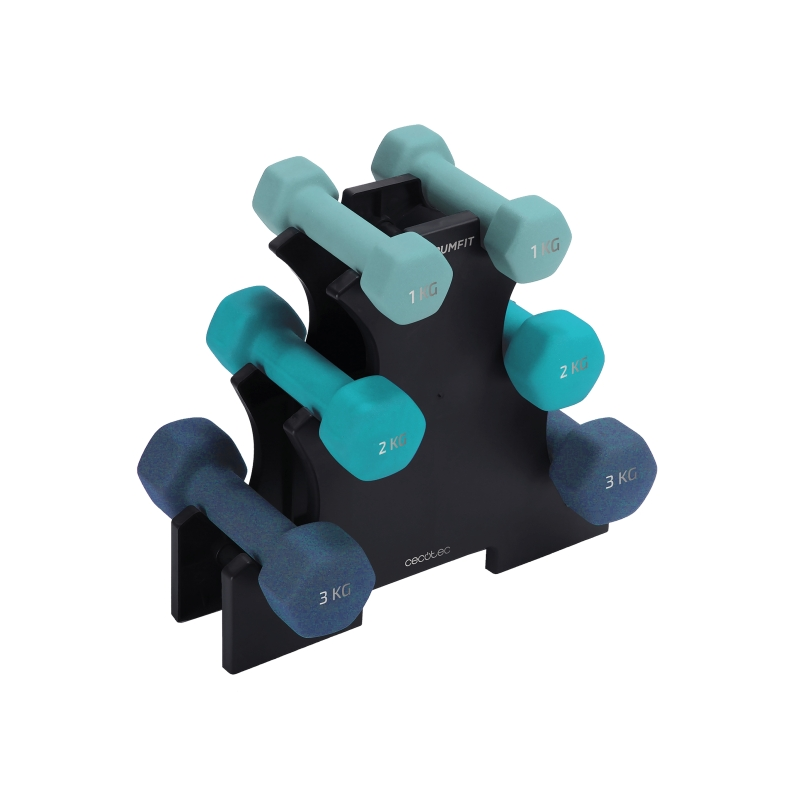 Ensemble d'haltères Cecotec DrumFit 123 en néoprène - Haltères de 1, 2 et 3 kg - Support inclus - Antidérapant - Hexagonal