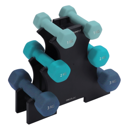 Ensemble d'haltères Cecotec DrumFit 123 en néoprène - Haltères de 1, 2 et 3 kg - Support inclus - Antidérapant - Hexagonal