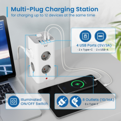 Multiprise Ewent avec 12 prises de bureau - 8 prises Schuko 16 A - 2 prises USB-A - 2 prises USB-C - Interrupteur marche/arrêt