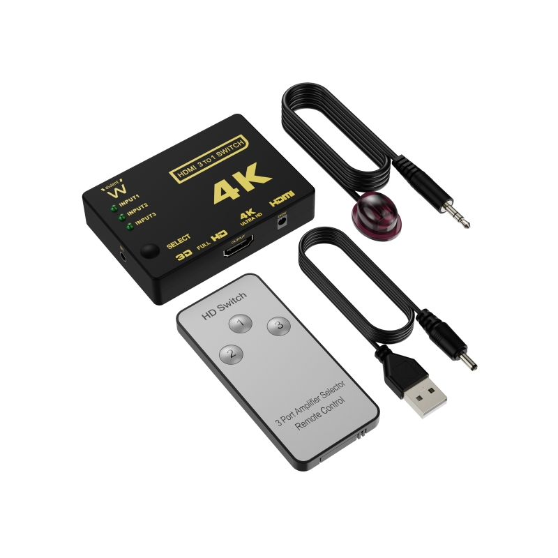 Commutateur HDMI 3 vers 1 Ewent Switch - Résolution 4K - Télécommande - Câble d'alimentation et IR inclus - Noir
