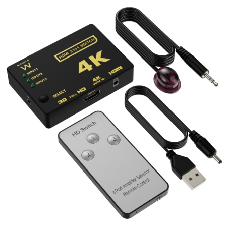 Commutateur HDMI 3 vers 1 Ewent Switch - Résolution 4K - Télécommande - Câble d'alimentation et IR inclus - Noir