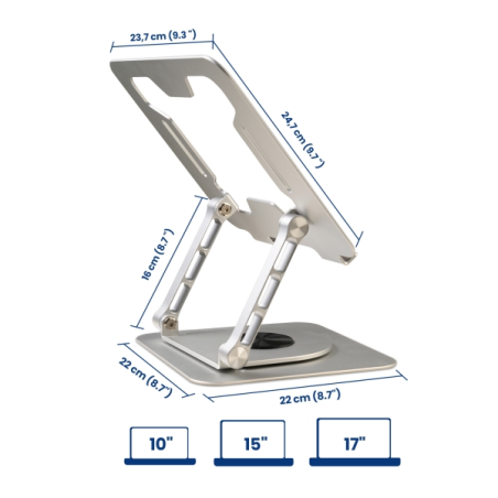Support de bureau pour ordinateur portable Ewent - Aluminium - Rotation à 360° - Réglable - Base antidérapante - Réglable