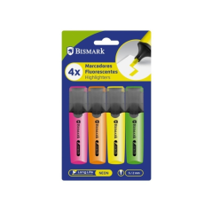 Lot de 4 marqueurs fluorescents Bismark - Pointe biseautée 2 - 5 mm environ - Encre à base d'eau - Longue durée - Couleurs fluo