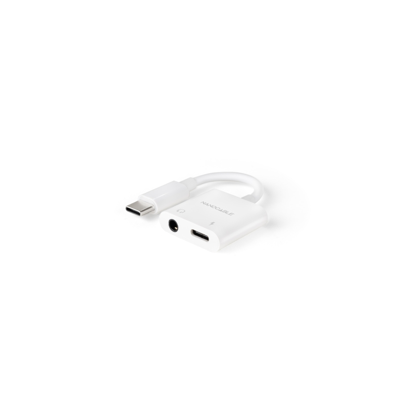 Convertisseur Nanocable USB-C vers audio 48 kHz - USB-C/M-1xJACK 3.5/H + USB-C/H PD 60 W - 11,5 cm - Blanc
