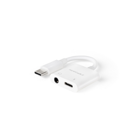 Convertisseur Nanocable USB-C vers audio 48 kHz - USB-C/M-1xJACK 3.5/H + USB-C/H PD 60 W - 11,5 cm - Blanc