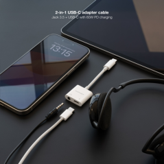 Convertisseur Nanocable USB-C vers audio 48 kHz - USB-C/M-1xJACK 3.5/H + USB-C/H PD 60 W - 11,5 cm - Blanc