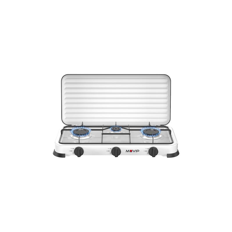 Cuisinière à gaz 3 feux Muvip Vulcano - Housse de protection - Pieds en caoutchouc - Surface émaillée - Brûleur amovible - 57,7