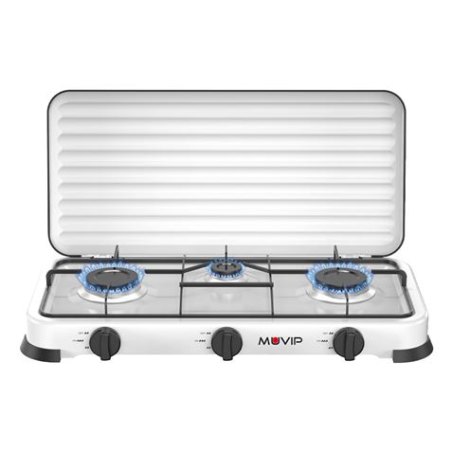 Cuisinière à gaz 3 feux Muvip Vulcano - Housse de protection - Pieds en caoutchouc - Surface émaillée - Brûleur amovible - 57,7