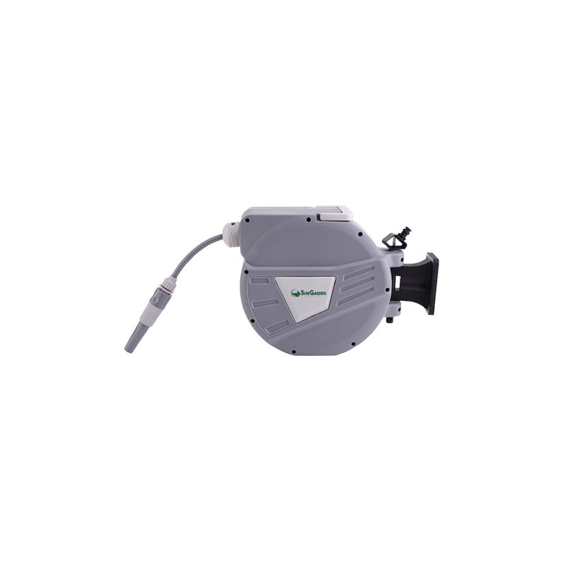 Tuyau Sungarden SG0164 10 mètres - Enrouleur automatique avec guide - Support mural - Pivotant à 180 degrés - Gris
