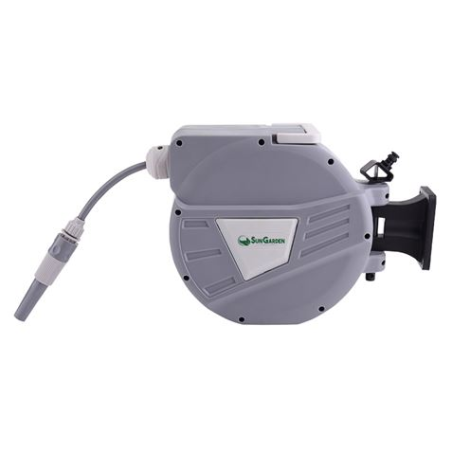 Tuyau Sungarden SG0164 10 mètres - Enrouleur automatique avec guide - Support mural - Pivotant à 180 degrés - Gris