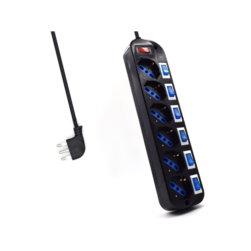 Multiprise Ewent avec 6 prises Schuko 10/16 A - Interrupteur marche/arrêt général et individuel - Protection contre les