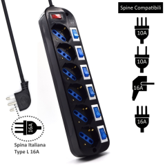 Multiprise Ewent avec 6 prises Schuko 10/16 A - Interrupteur marche/arrêt général et individuel - Protection contre les