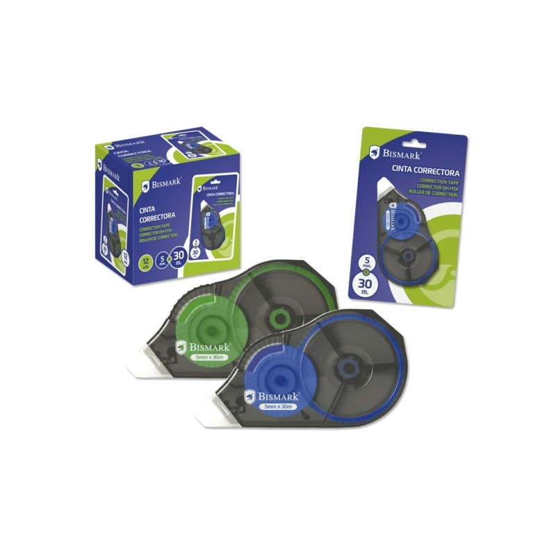 LOT de 12 Ruban correcteur Bismark 5 mm x 30 m - Adhérence parfaite au papier - Présentation individuelle sous blister