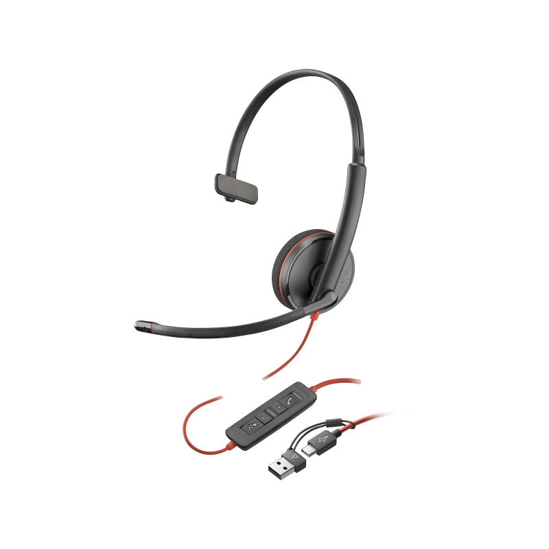 Casque monaural Plantronics/Poly Blackwire C3210 USB-C/USB-A avec microphone - Coussin d'oreille rembourré - Commandes