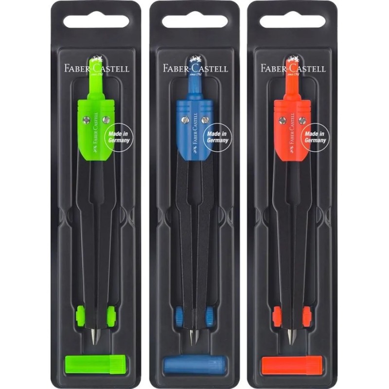 LOT de 5 Compas scolaires Faber-Castell - Circonférences jusqu'à Ø 360 mm - Boîte de plomb incluse - Couleurs assorties