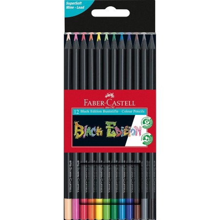Faber-Castell Black Edition Lot de 36 trousses de couleurs assorties - Mine super douce - Bois noir - Idéal pour dessiner sur