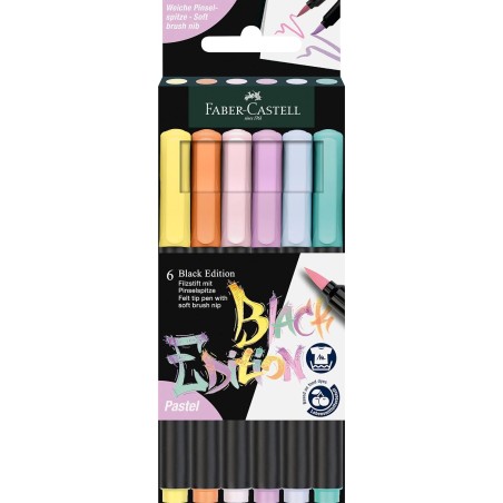 ✅ Faber-Castell Black Edition Pack de 6 marqueurs à pointe pinceau - Encre à base de colorant alimentaire - Co en stock