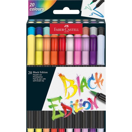 ✅ Faber-Castell Black Edition Pack de 20 marqueurs à pointe pinceau - Encre à base de colorant alimentaire - C en stock
