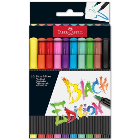 ✅ Faber-Castell Black Edition Pack de 10 marqueurs à pointe pinceau - Encre à base de colorant alimentaire - C en stock