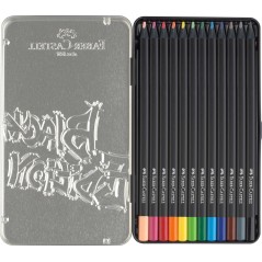 Faber-Castell Black Edition Boîte Métal de 12 Crayons de Couleur - Mine Super Douce - Bois Noir - Idéal pour Dessiner sur