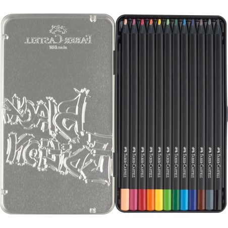 Faber-Castell Black Edition Boîte Métal de 12 Crayons de Couleur - Mine Super Douce - Bois Noir - Idéal pour Dessiner sur