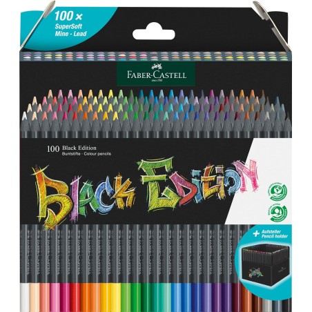 ✅ Faber-Castell Black Edition Pack de 100 Crayons de Couleur - Mine Super Douce - Bois Noir - Idéal pour Dessin en stock