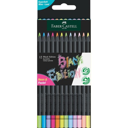 ✅ Faber-Castell Black Edition Pack de 12 Crayons de Couleur Néon+Pastel - Mine Super Douce - Bois Noir - Idéal en stock
